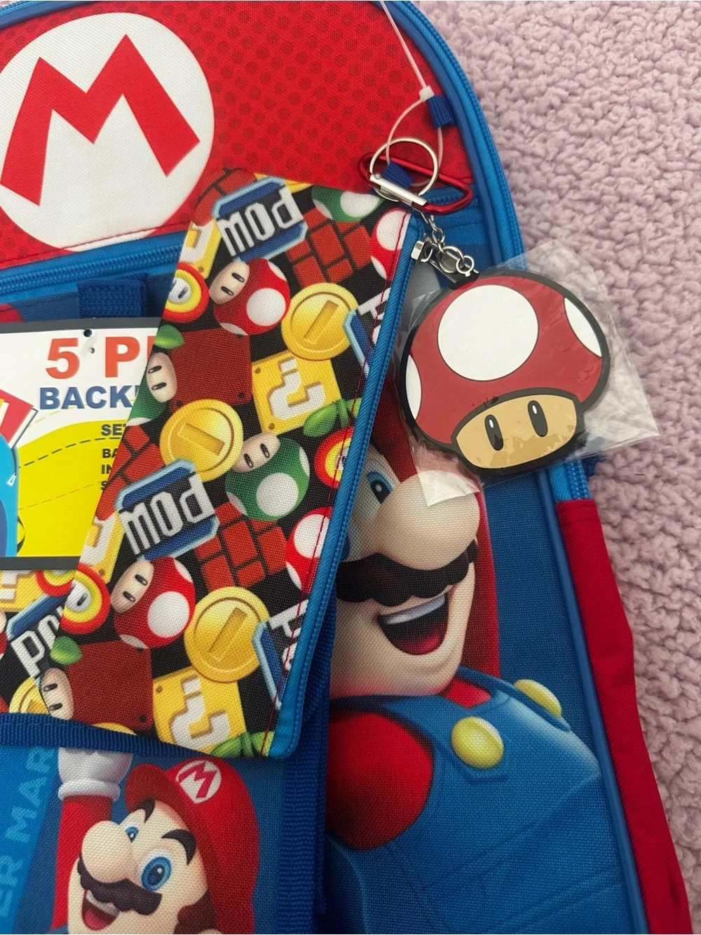 Disney Super Mario Blue Red Kids Backpack Set - 5 Piece